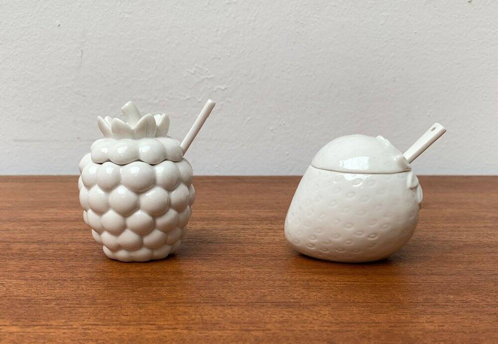 Vintage German porcelain jam pot with lid and spoon from Krömer Porzellan, 1970s, set of 2.