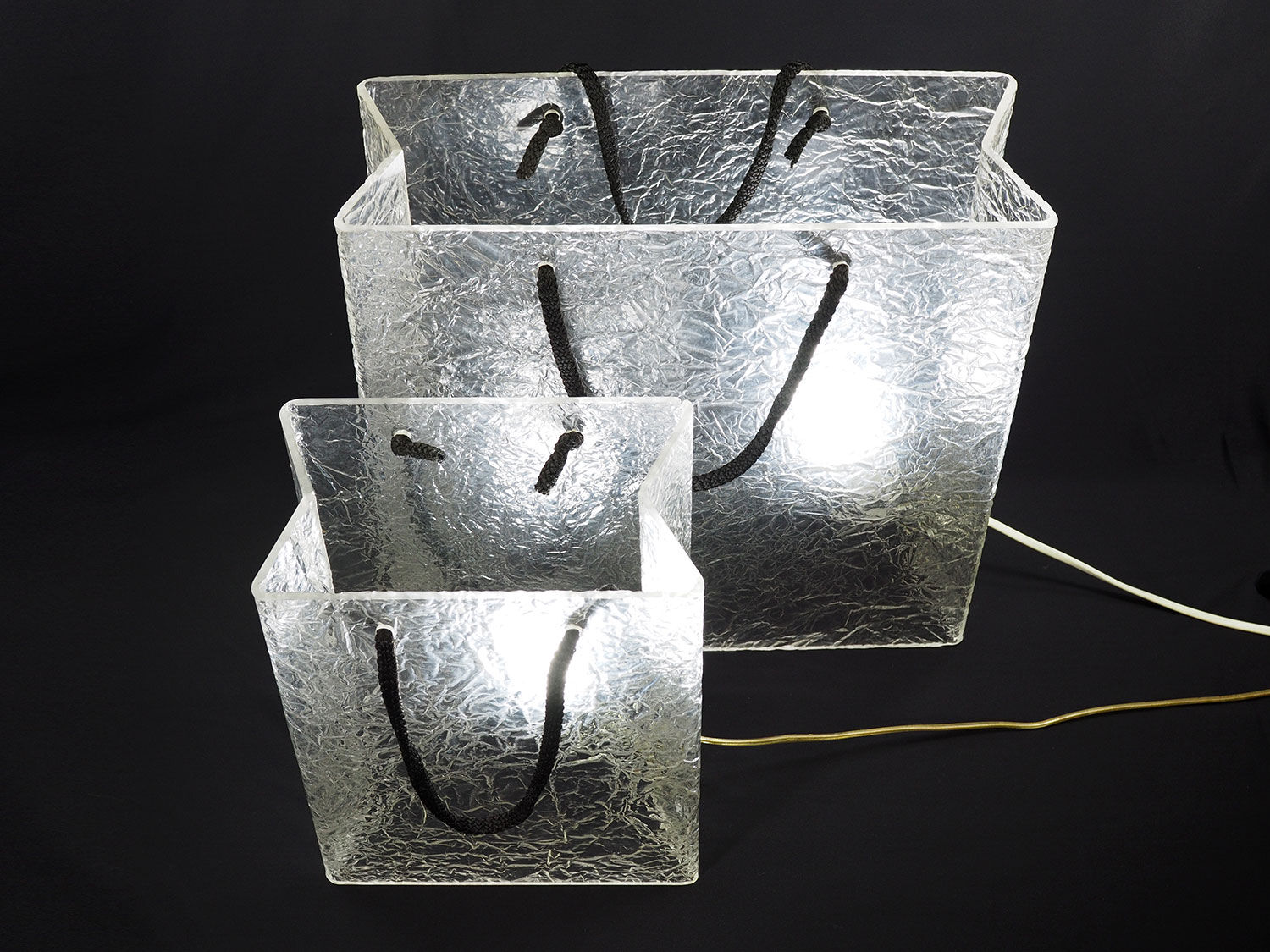 Lucite shopping bag lamps mid-century, set of 2