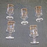 5 old glasses on foot floral decoration blue and gold vintage crystal?