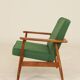 Scandinavian modern chair in green wool, vintage wooden armchair.