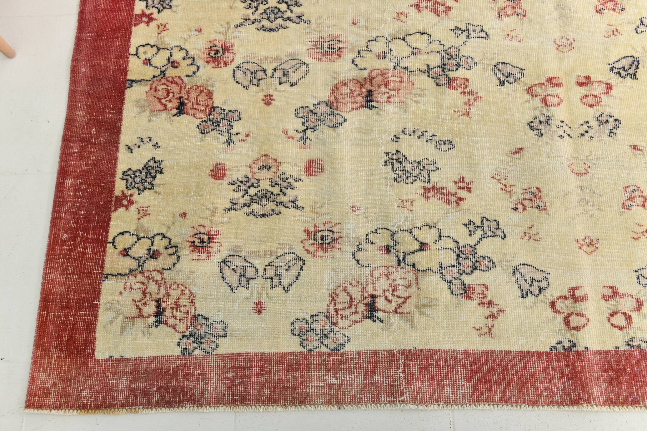 7x9 Yellow & Burgundy Floral Turkish Vintage Rug, 216x281Cm