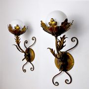 Pair of floral wall lamps by Ferro Arte, Gold leaf and opaline, Spain, 1960