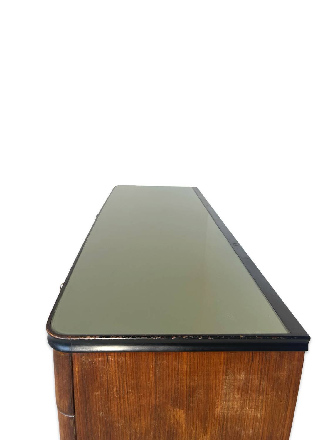 Commode en acajou plaqué avec plateau en verre vert, années 1950