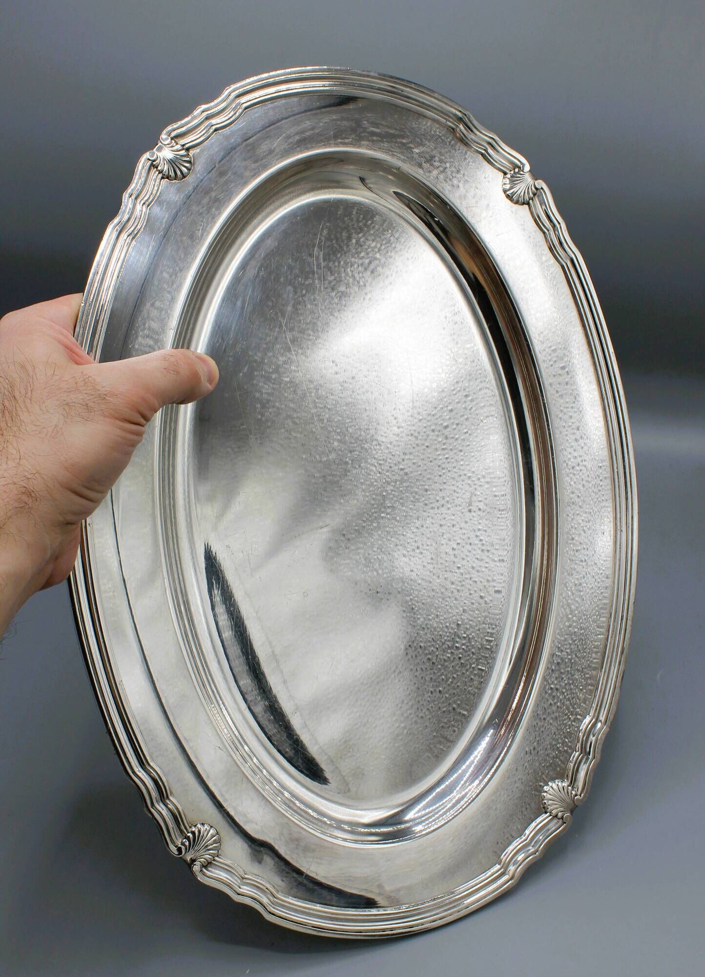 Very beautiful oval flat serving platter in silvered metal gallia coqui decoration