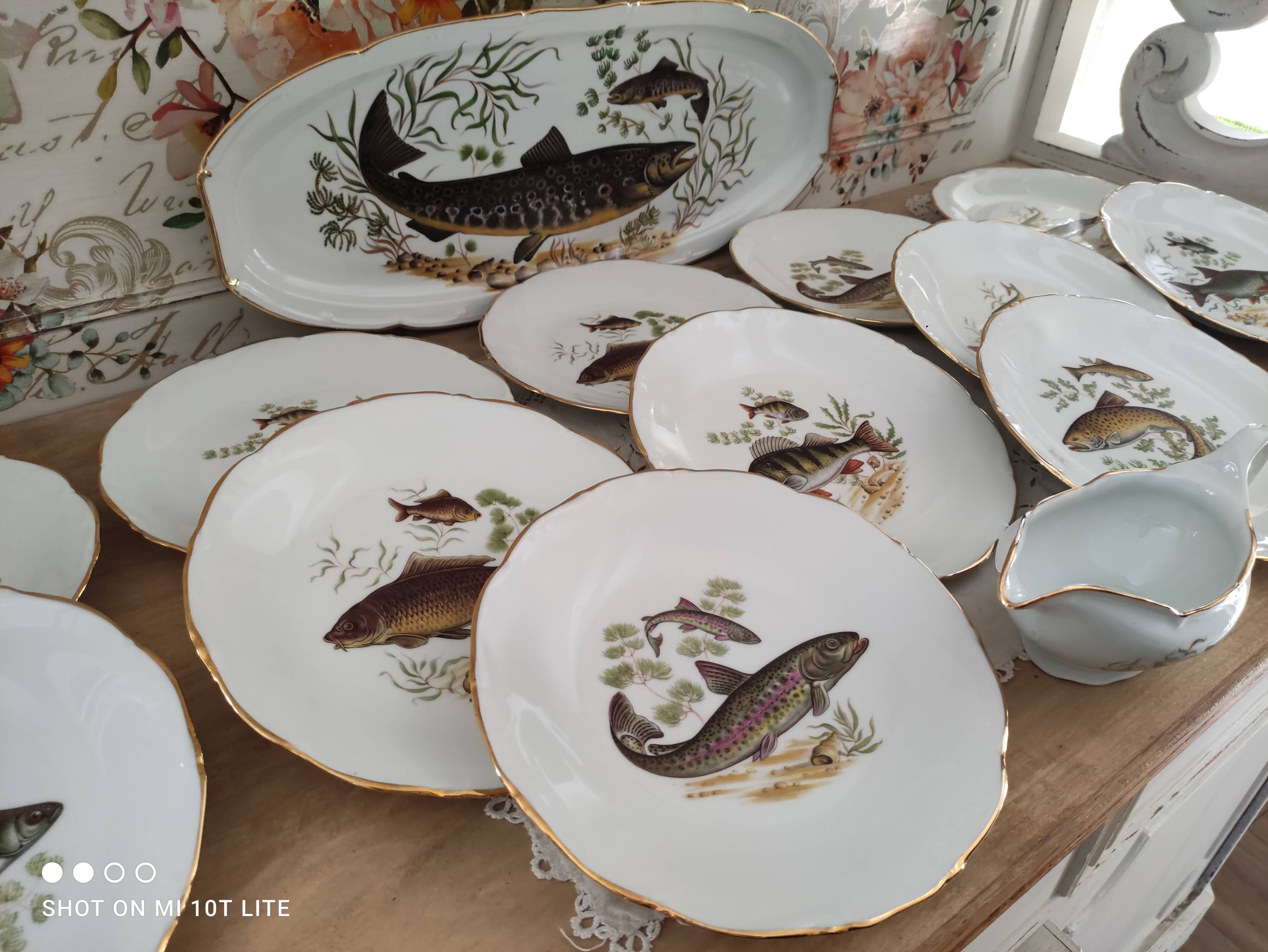 Service à poisson vintage en porcelaine de Sologne Lamotte décor poissons d'eau douce
