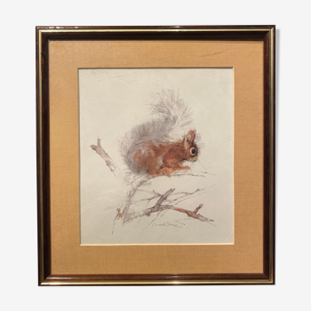 Lithograph of a squirrel on a branch