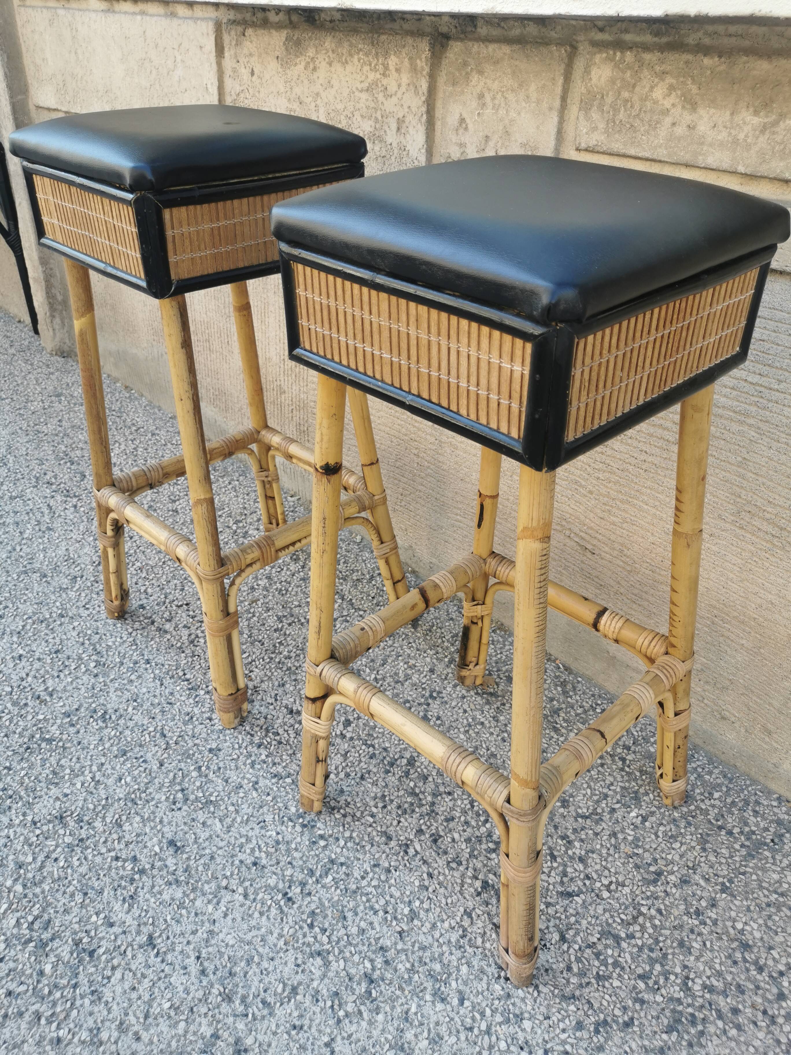 Pair of vintage bamboo stools from the 70s