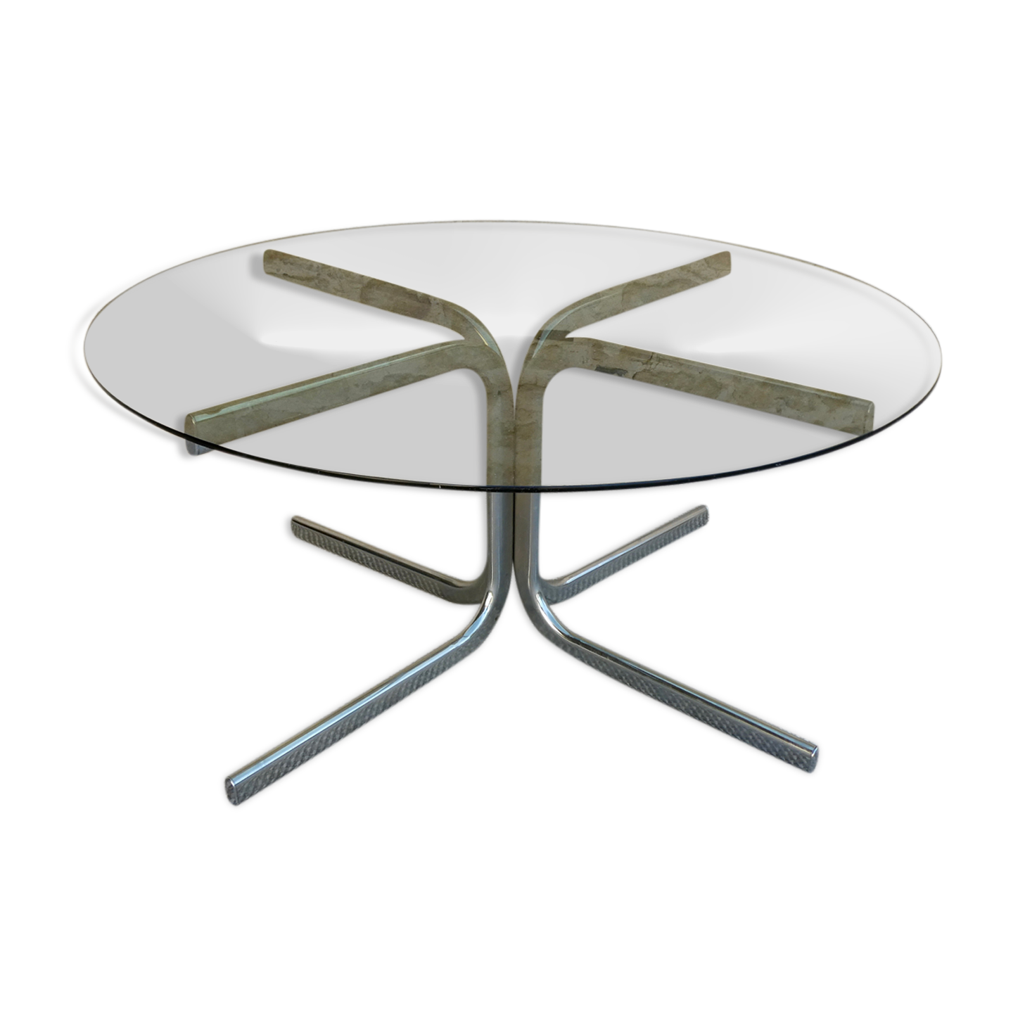 Table basse ronde en métal chromé et verre fumé
