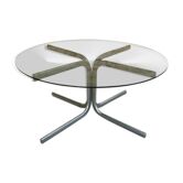 Table basse ronde en métal chromé et verre fumé