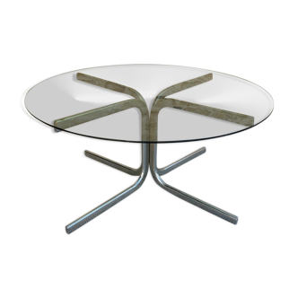 Round coffee table in chrome metal and smoked glass