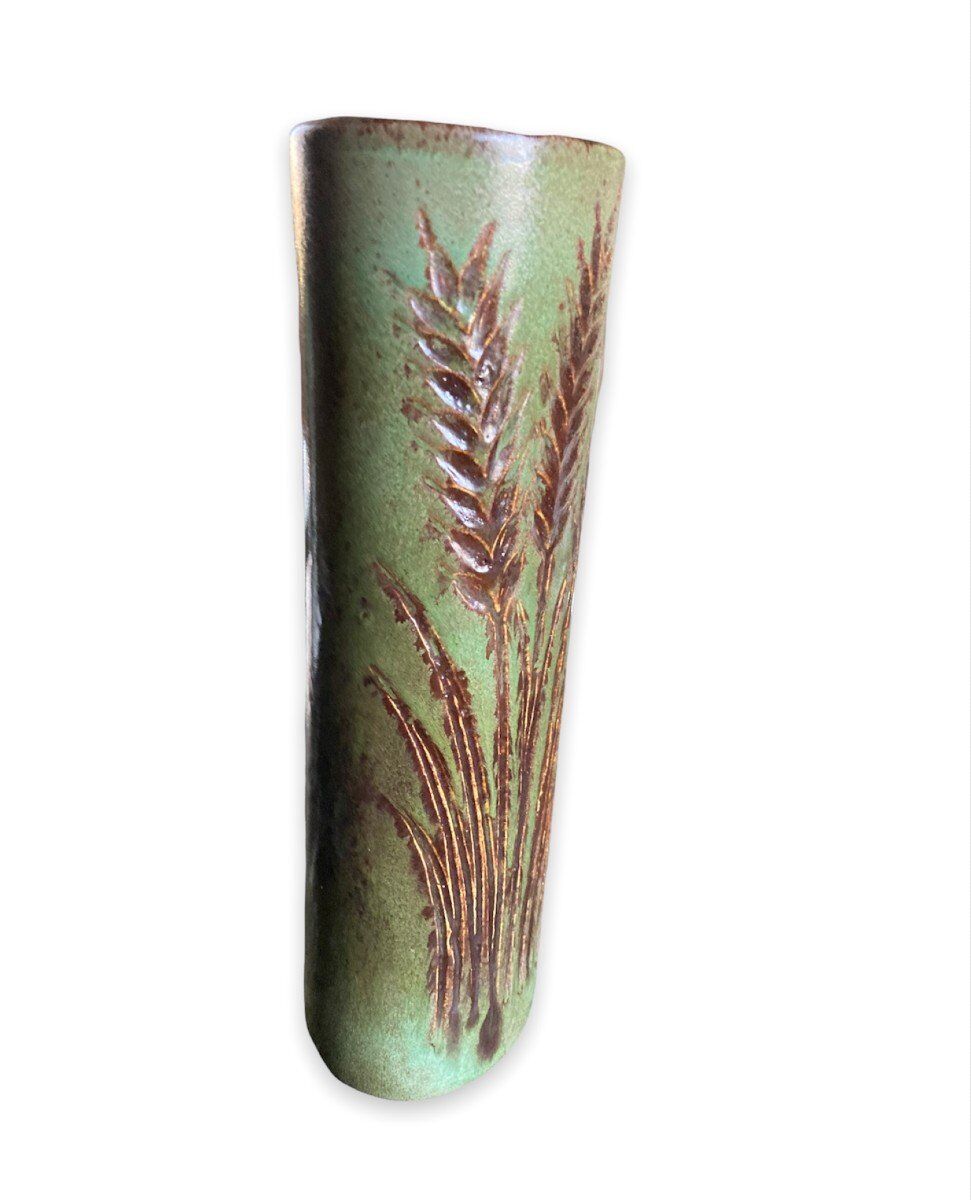 Vase rouleau fond vert midcentury, La Poterie PÉrigourdine