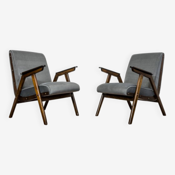 Pair of Mid-Century Modern Oak Wood Grey Armchairs 1960's