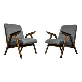 Pair of Mid-Century Modern Oak Wood Grey Armchairs 1960's