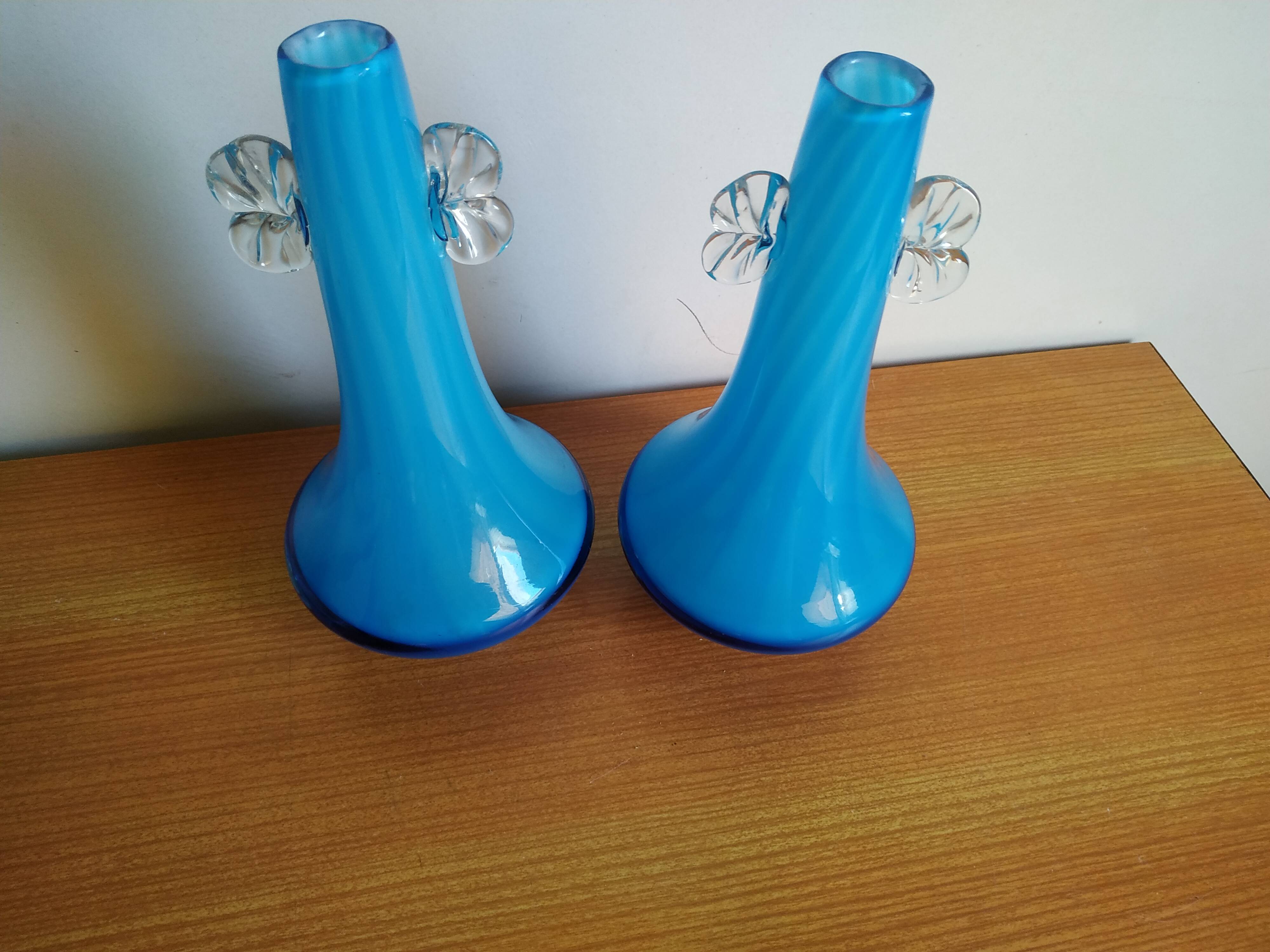Pair of white twisted blue vases in Murano taste
