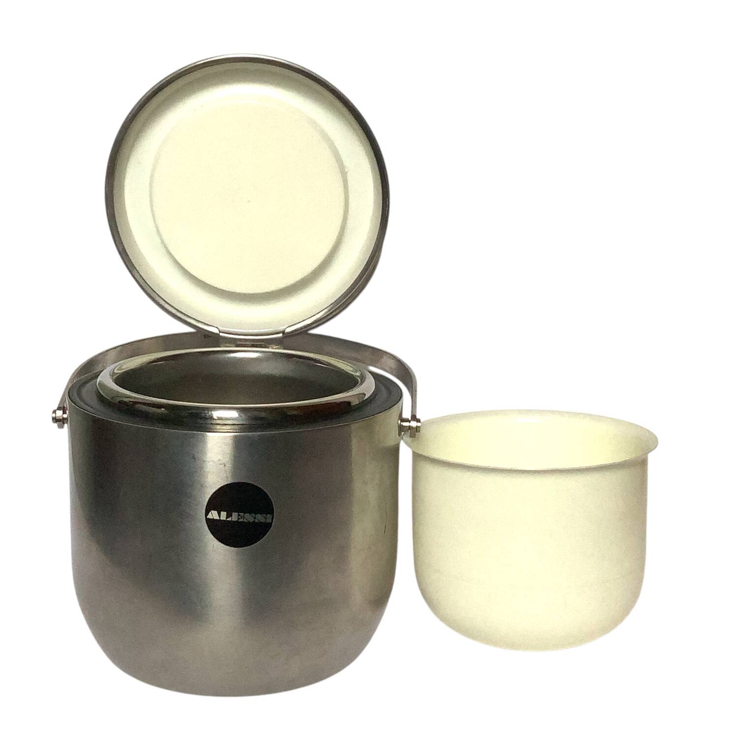 Vintage Alessi ice bucket with mechanical lid designed by Anselmo Vita