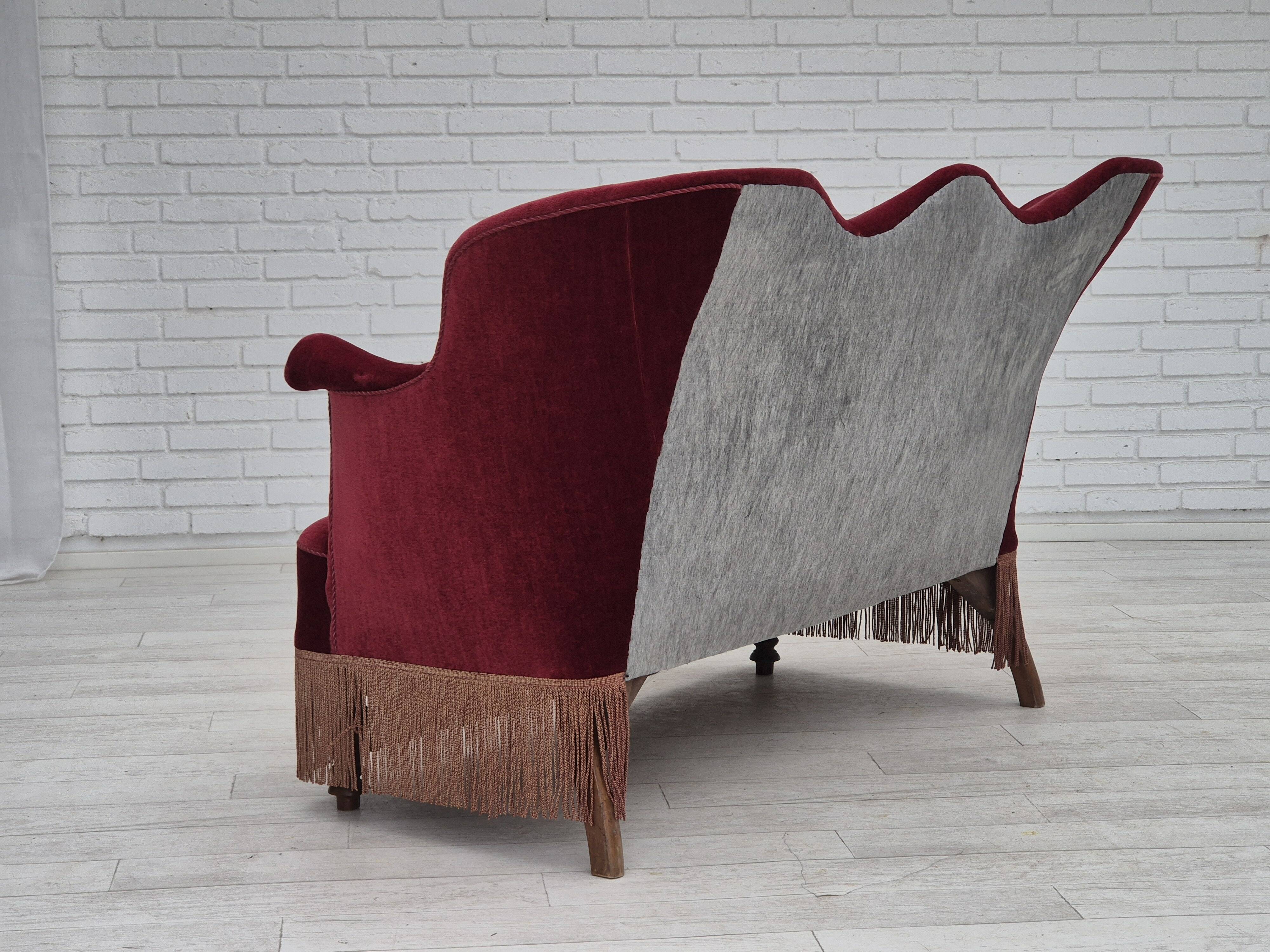 1950s, Danish 2-seater sofa, cherry-red furniture velour, ash wood.