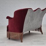 1950s, Danish 2-seater sofa, cherry-red furniture velour, ash wood.