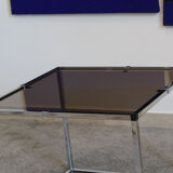 Paire de tables basses en métal chromé et verre fumé, Italie années 70