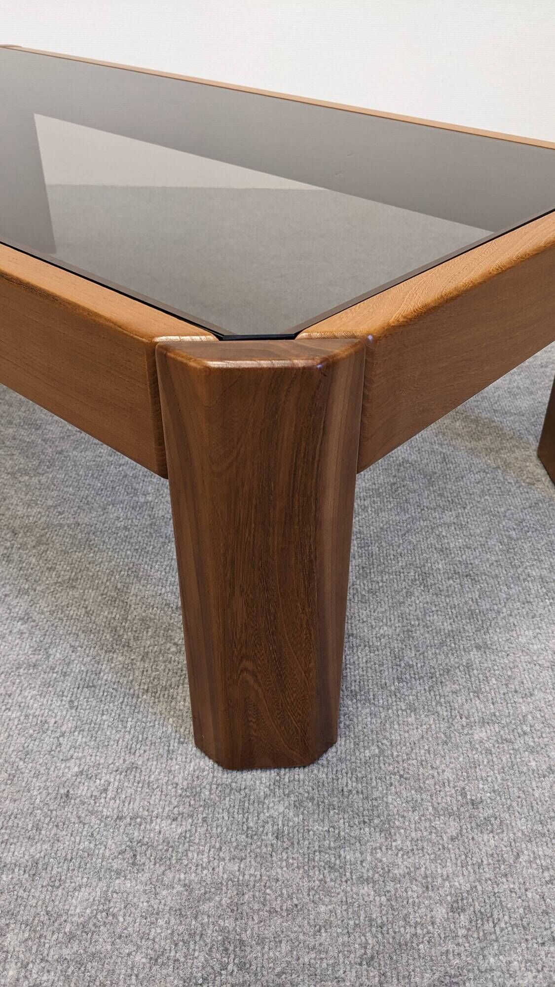 Modernist coffee table in elm and smoked glass, Italy circa 1970.