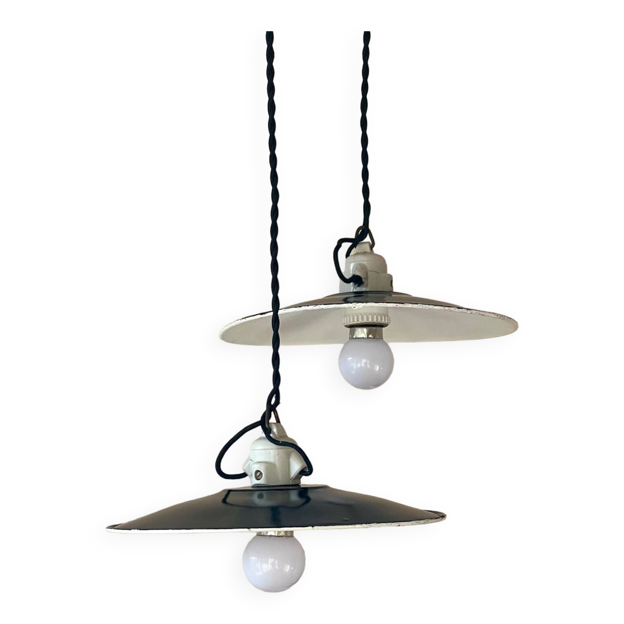 Pair of black and white sheet metal pendant lights, ceramic sockets