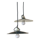 Pair of black and white sheet metal pendant lights, ceramic sockets