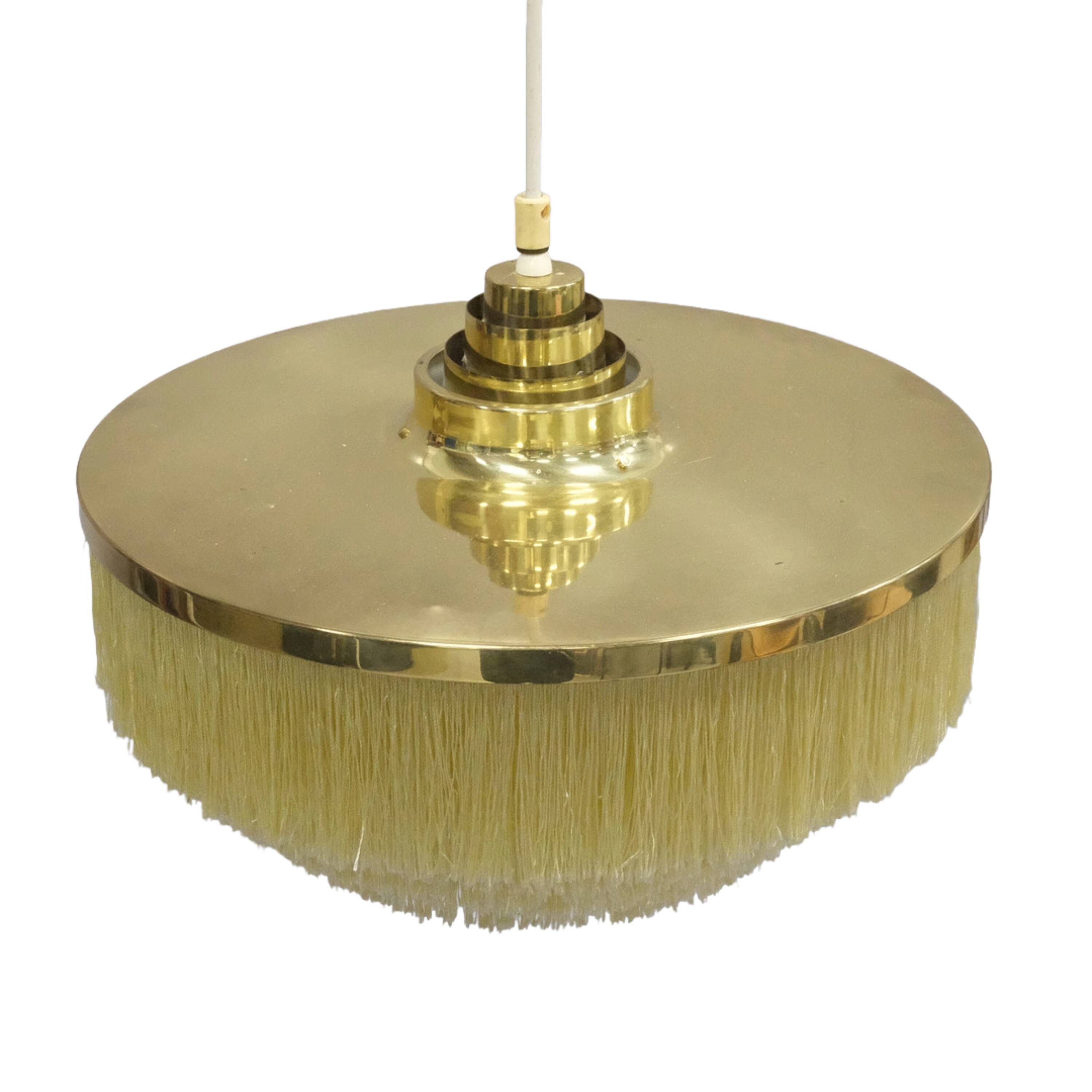 Hans-Agne Jakobsson T-603 pendant lamp in brass with yellow fringes.