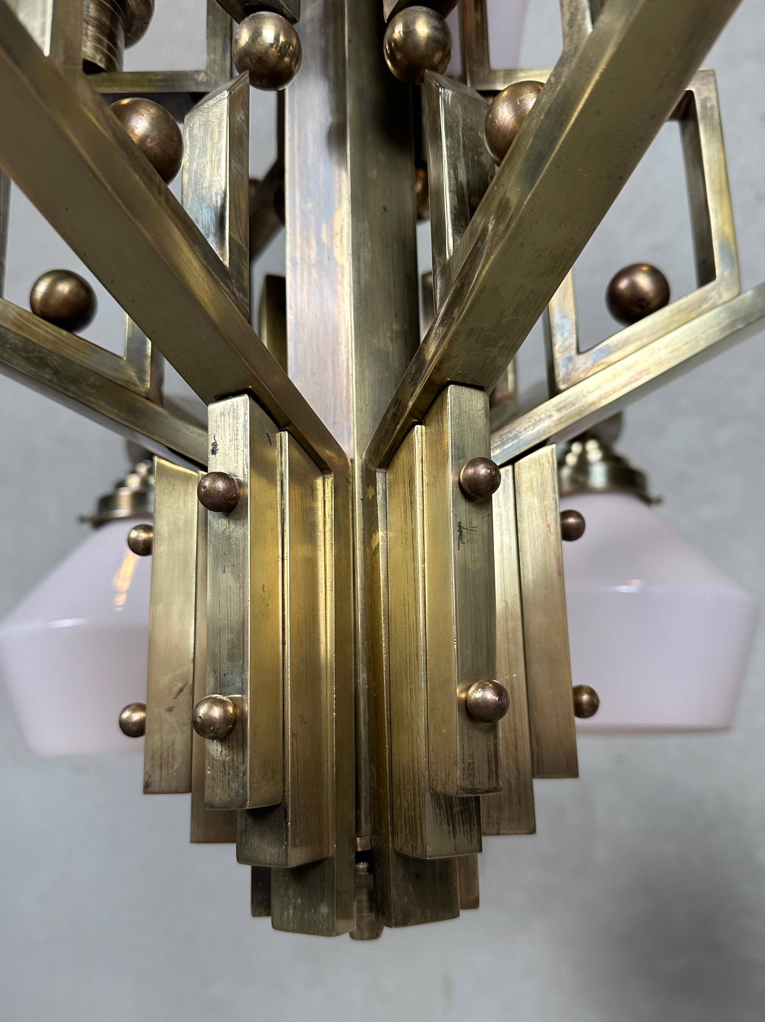 Art deco chandelier – opaline and brass
