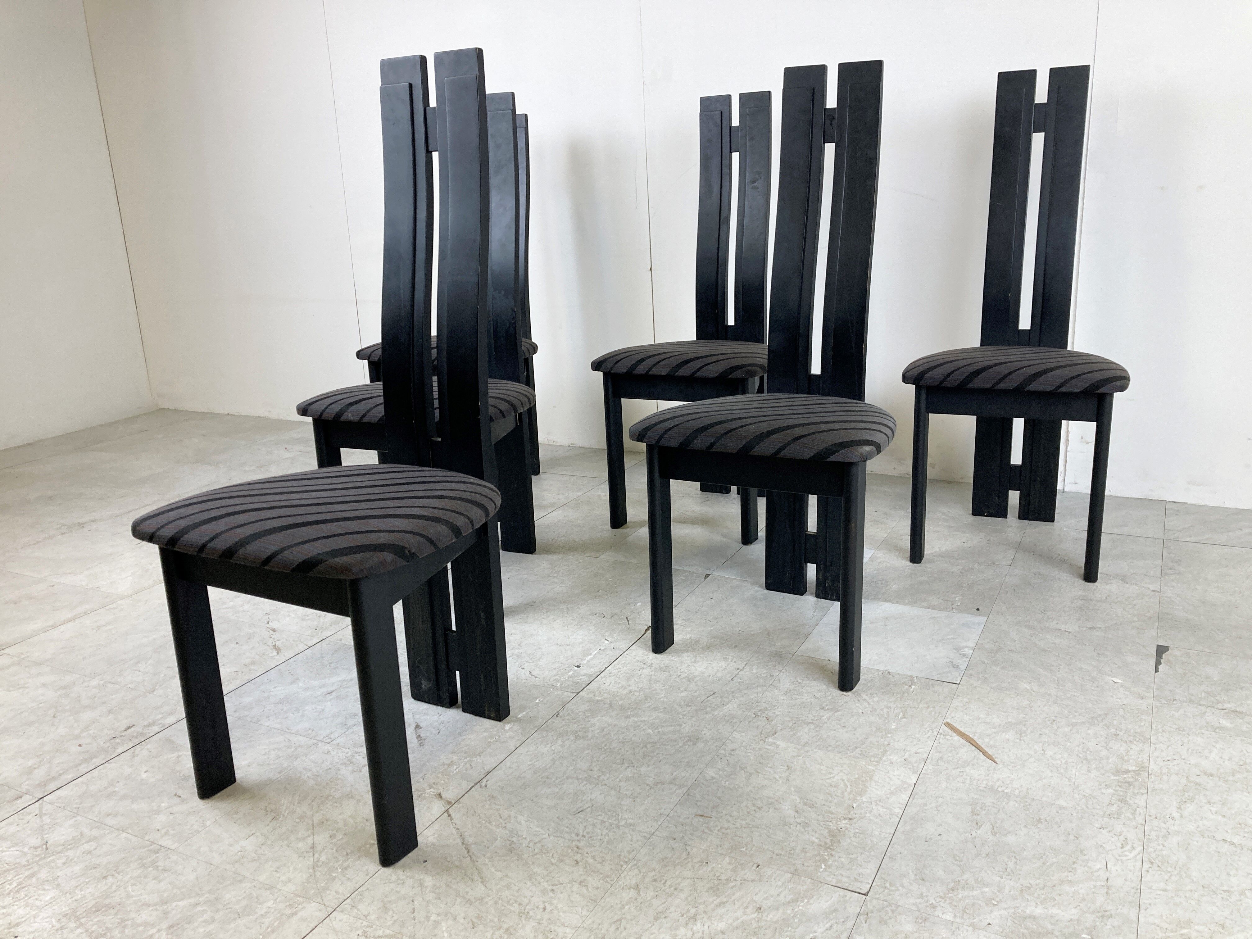 Set of 6 black wooden high back dining chairs - 1980s