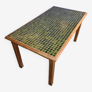 Vintage farm table, with green zellige effect mosaic.