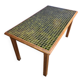 Vintage farm table, with green zellige effect mosaic.