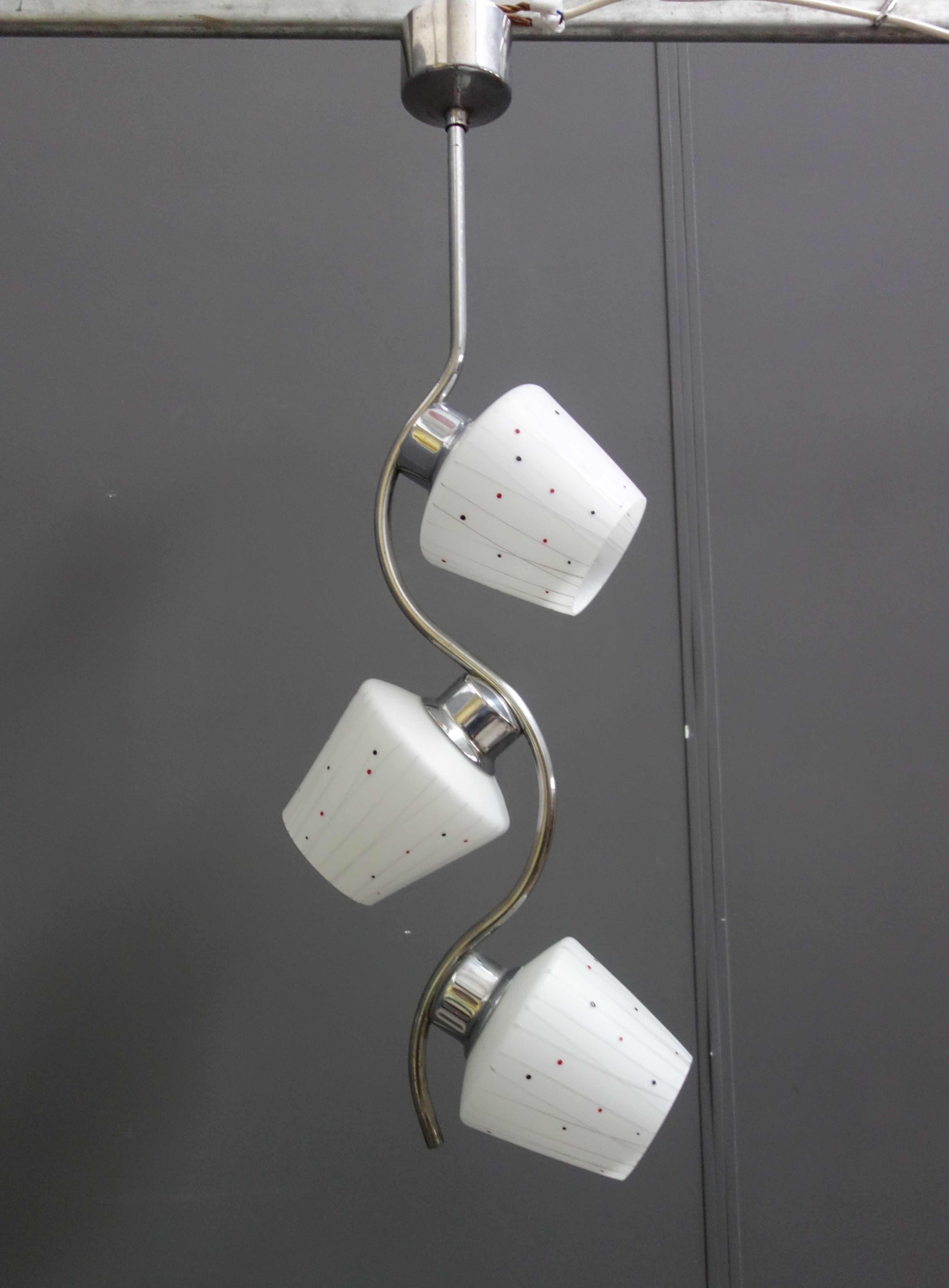Chrome pendant lamp with 3 white shades 1960s