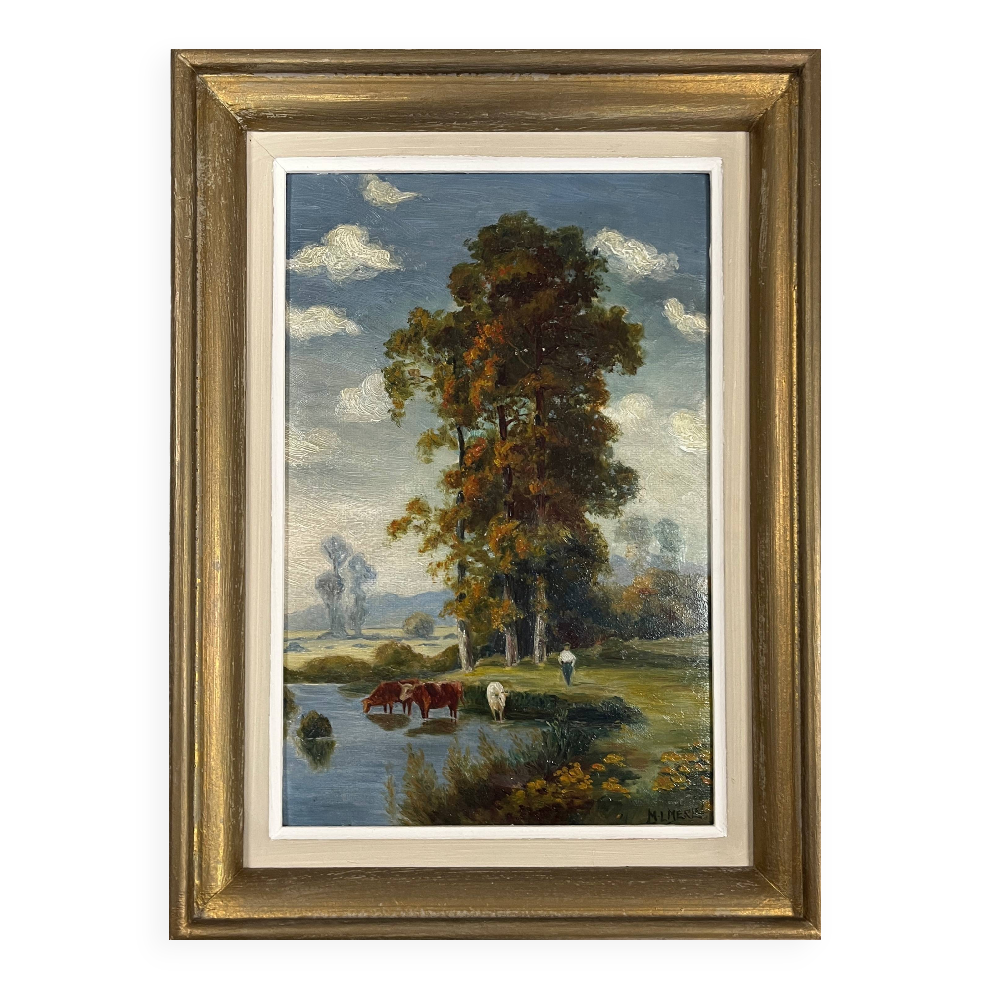 Hsp painting pastoral landscape post barbizon circa 1950 + signed frame