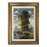 Hsp painting pastoral landscape post barbizon circa 1950 + signed frame