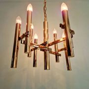 Geometric brass chandelier, Hollywood Regency, design by G. Sciolari, 1970.