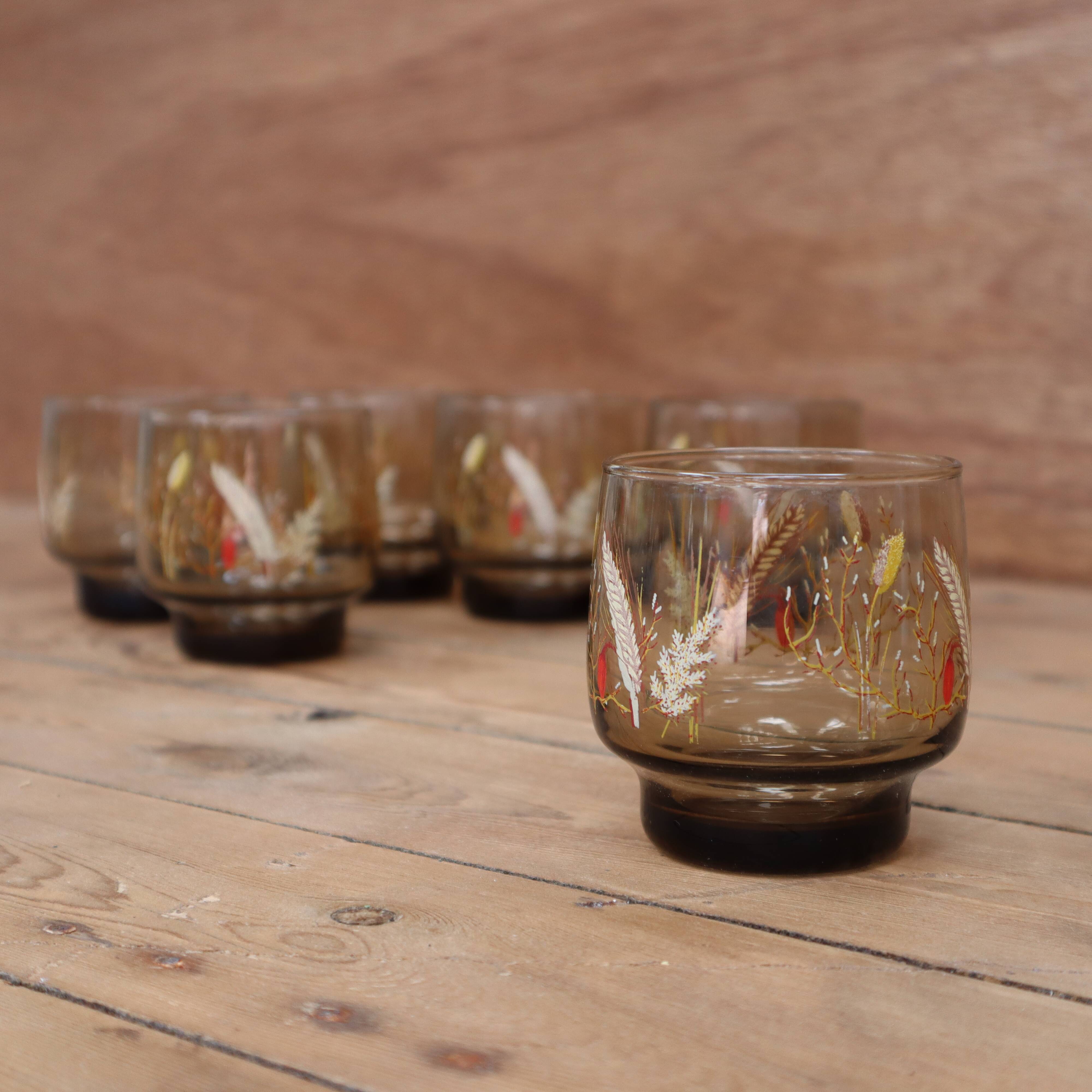 Set of 6 smoked glasses with Arcoroc ear of wheat decoration
