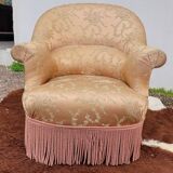 Fauteuil crapaud fleuri à franges ancien - 1930s