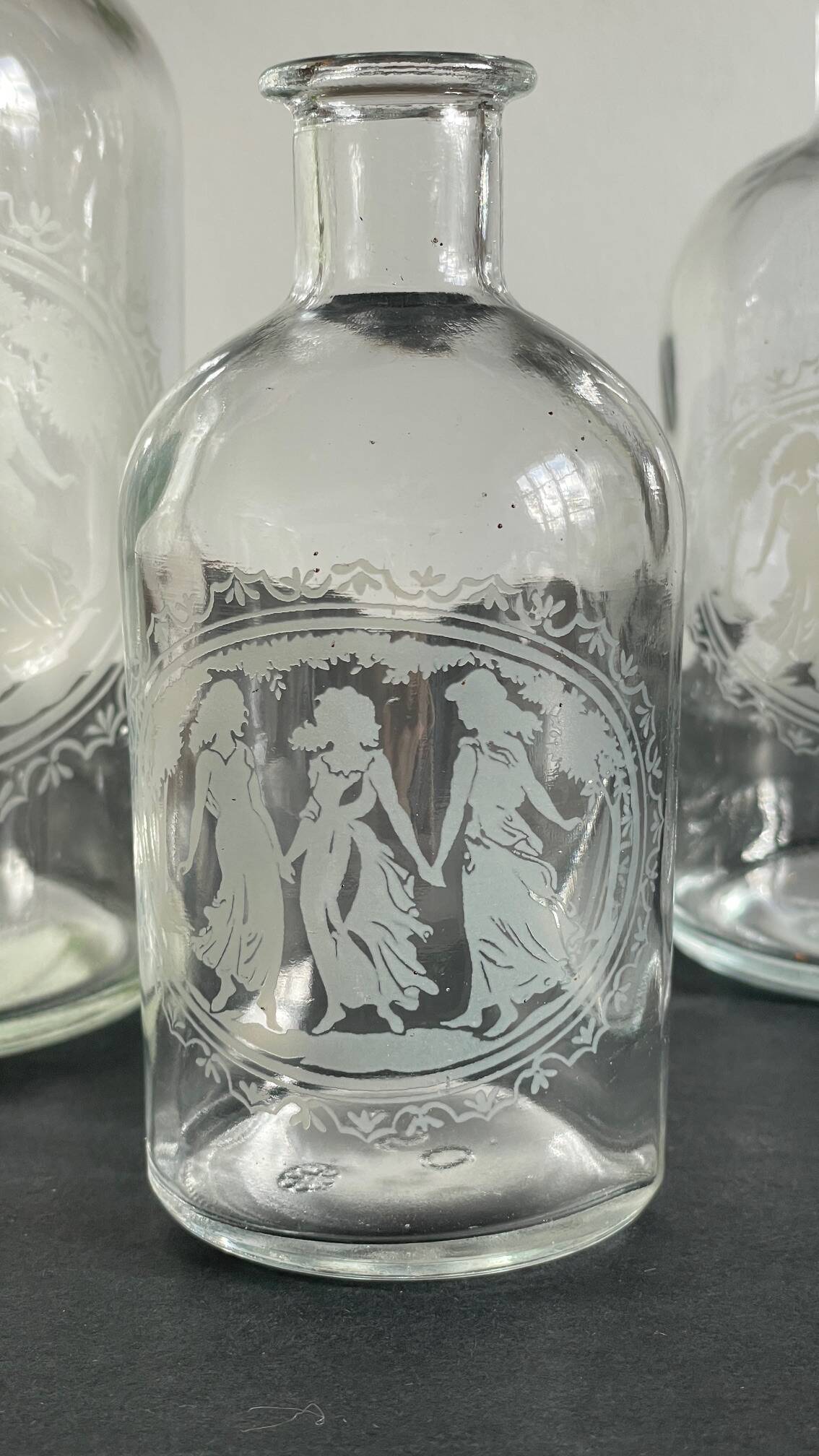 BOTTLES Engraved Glass and VINTAGE Wood