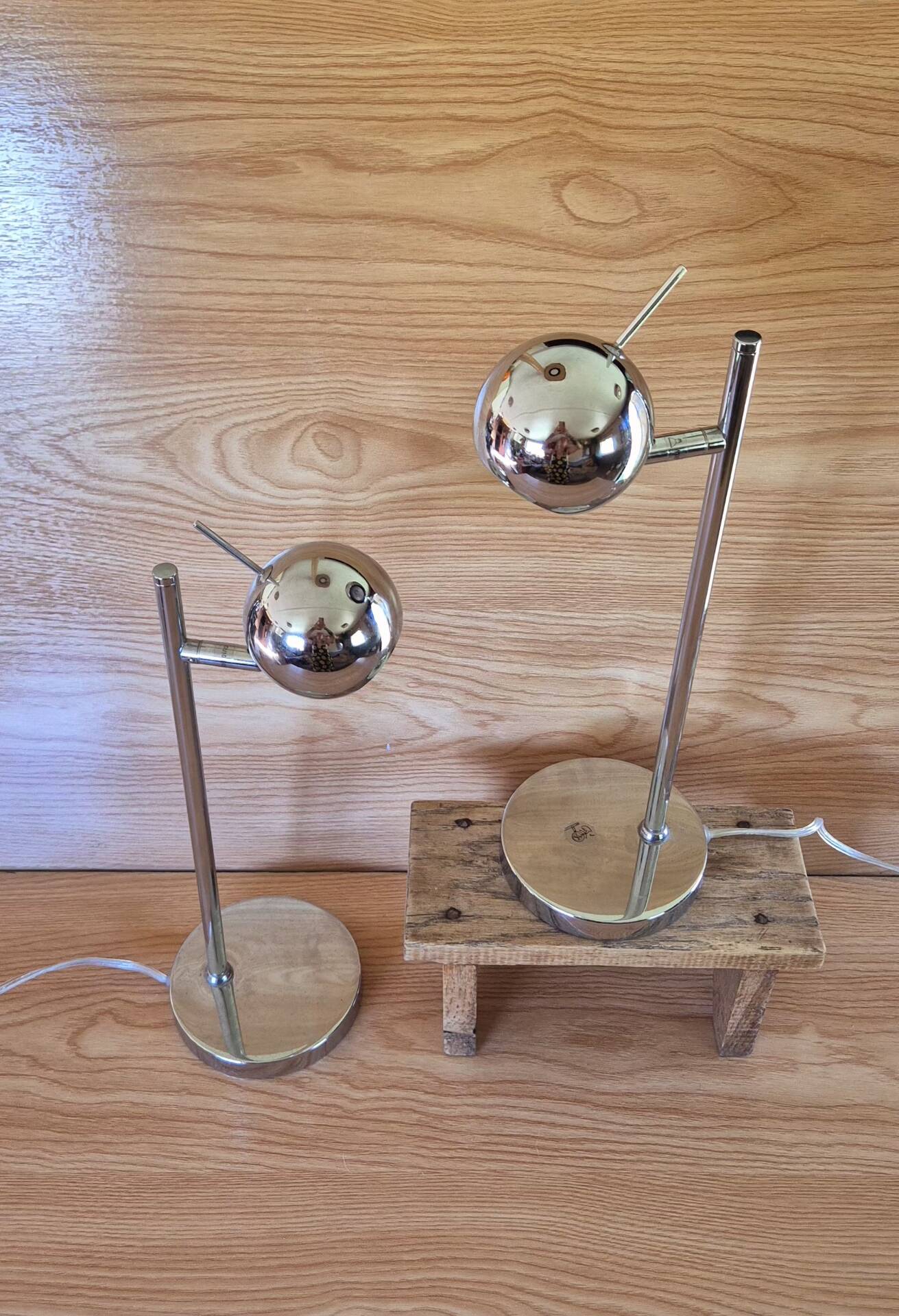 Set of 2 vintage 1970s chrome steel eye ball lamps.