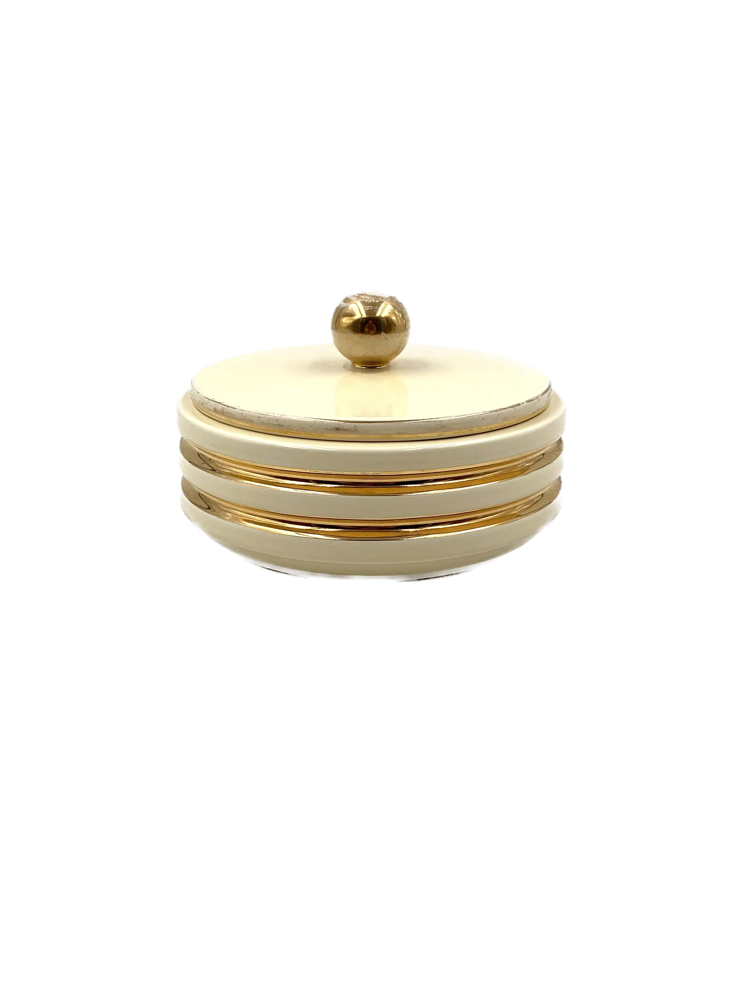 Jean Robj, Art Deco white and gold ceramic box, Robj Paris, France 1930s