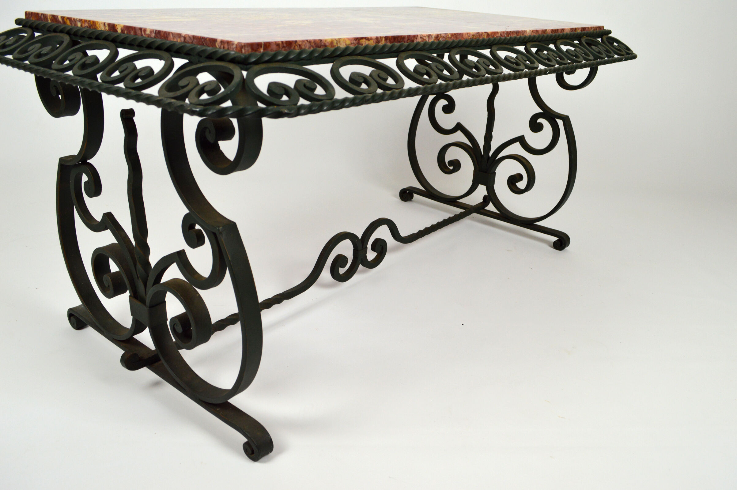 Coffee table in marble and wrought iron, circa 1940