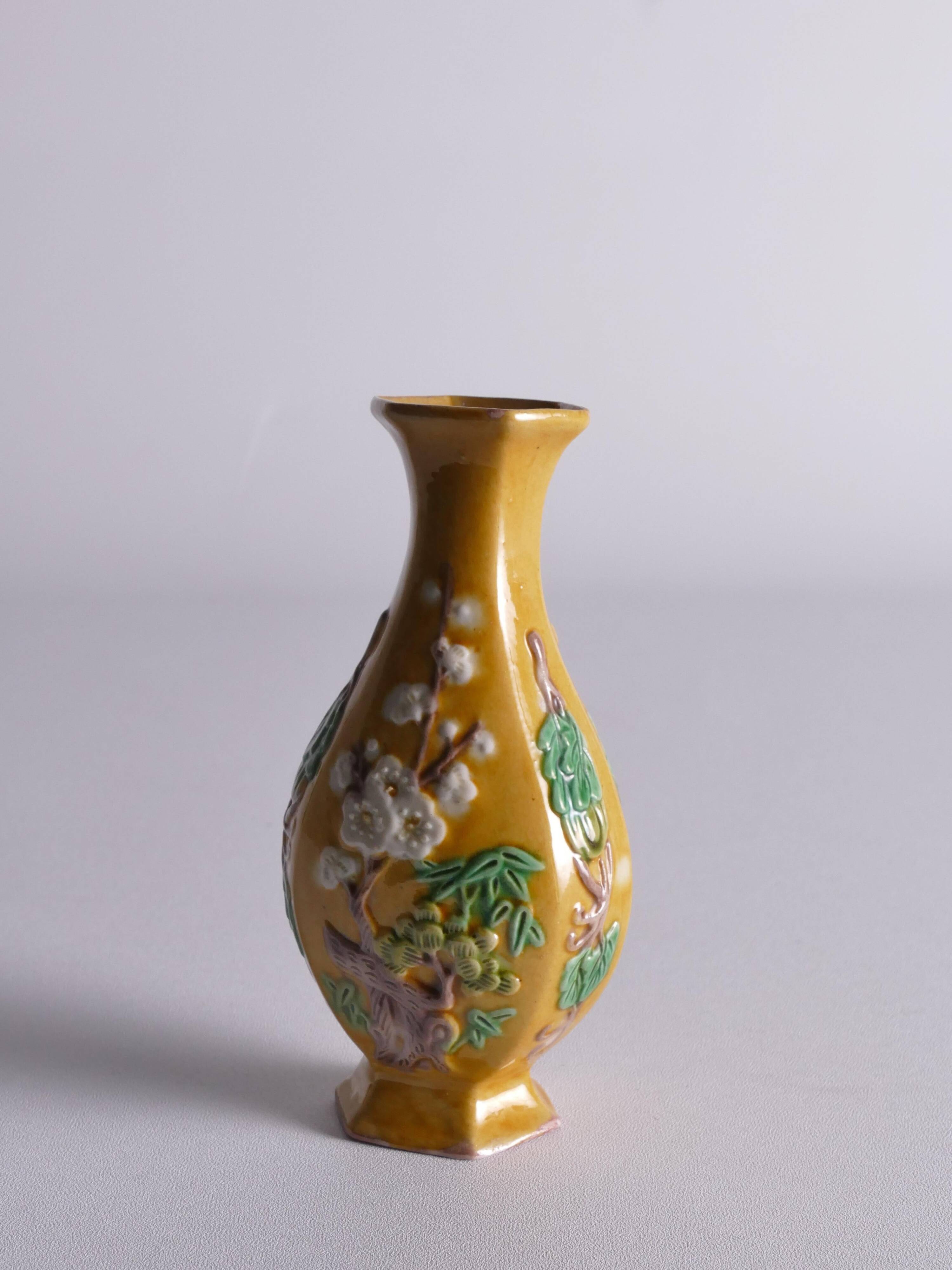 Chinese Yellow Glazed Hexagonal Relief Porcelain Vase with Prunus Motif