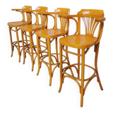 Ensemble de 4 chaises hautes de bar vintage en bois courbé avec accoudoirs / Couleur bois naturel