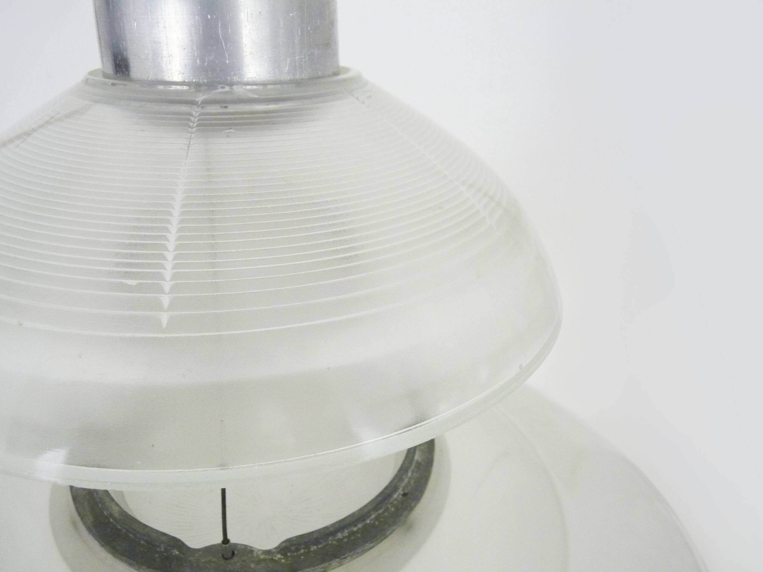 Chandelier, Space Age Flying Saucer Pendant Light, Holophane Style, Industrial Glass. 70s