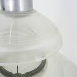 Chandelier, Space Age Flying Saucer Pendant Light, Holophane Style, Industrial Glass. 70s