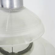 Chandelier, Space Age Flying Saucer Pendant Light, Holophane Style, Industrial Glass. 70s
