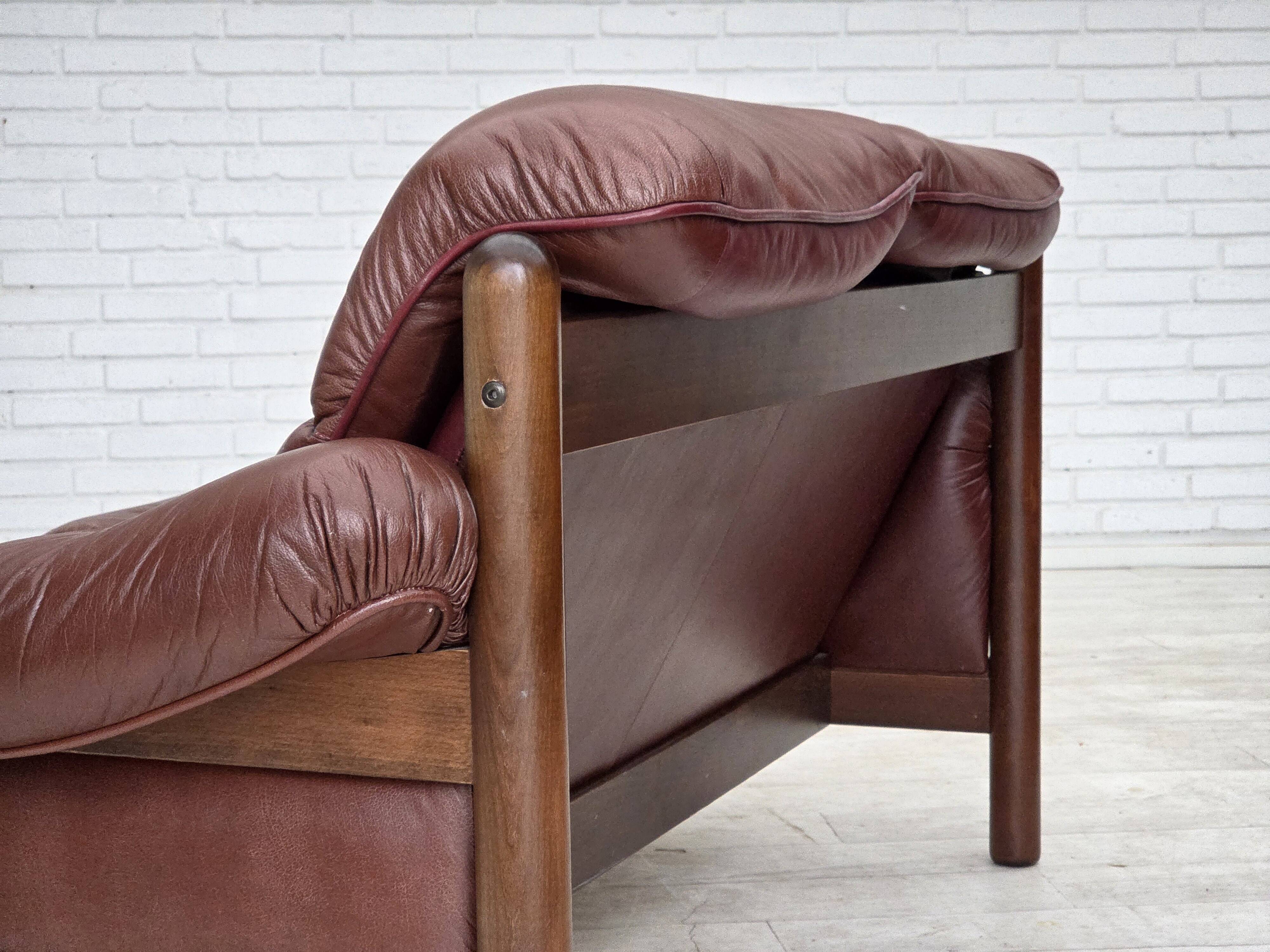 1970s, 2-seater Swedish sofa, brown leather with patina, dark beech wood.