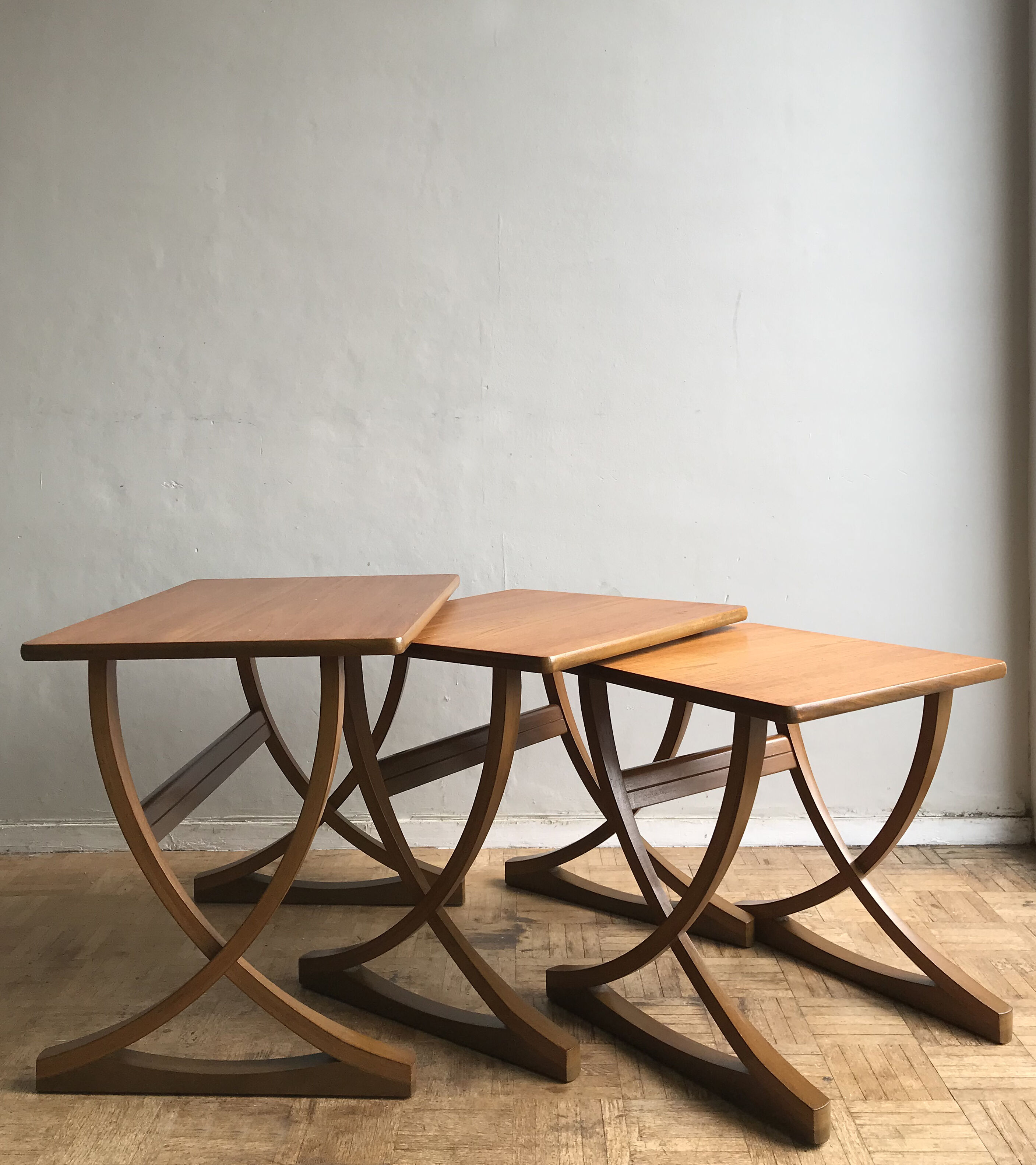 Set of 3 nesting tables from Nathan editions in teak and beech.