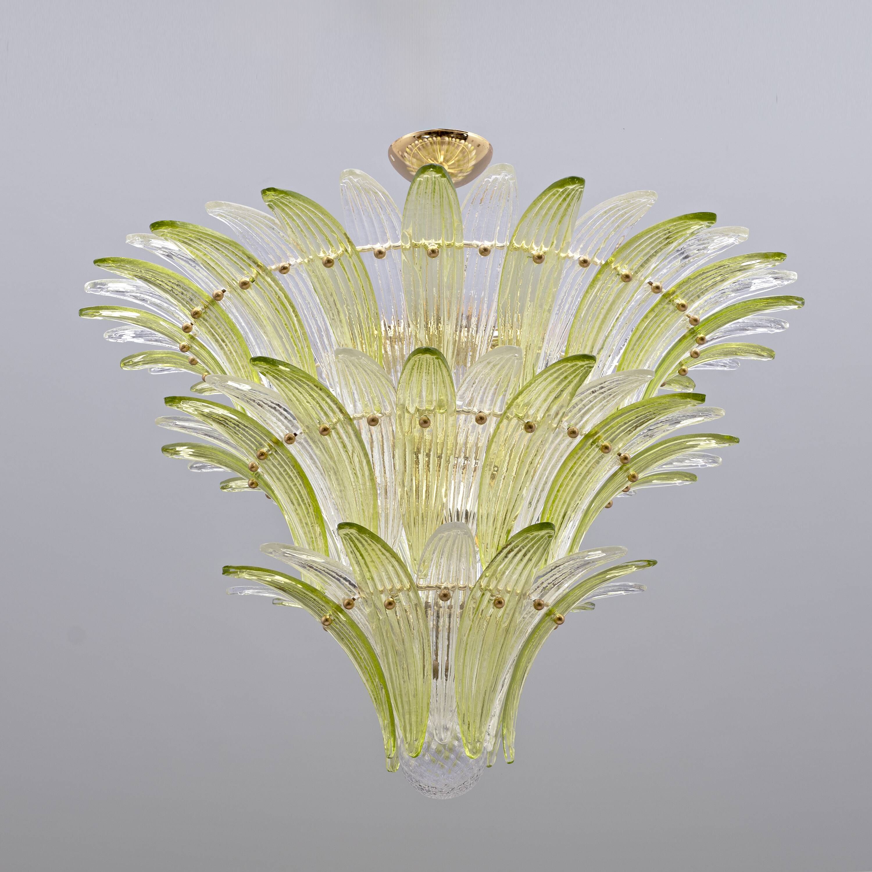 Mid-Century Murano Glass Palmette Chandelier in Green and Clear Glass, Ital