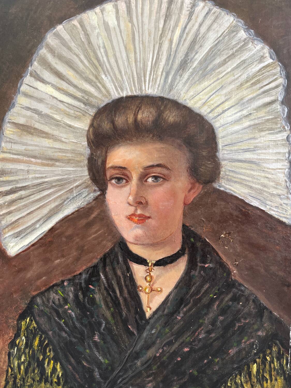 Old oil painting on canvas portrait of a woman in traditional costume