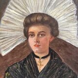 Old oil painting on canvas portrait of a woman in traditional costume